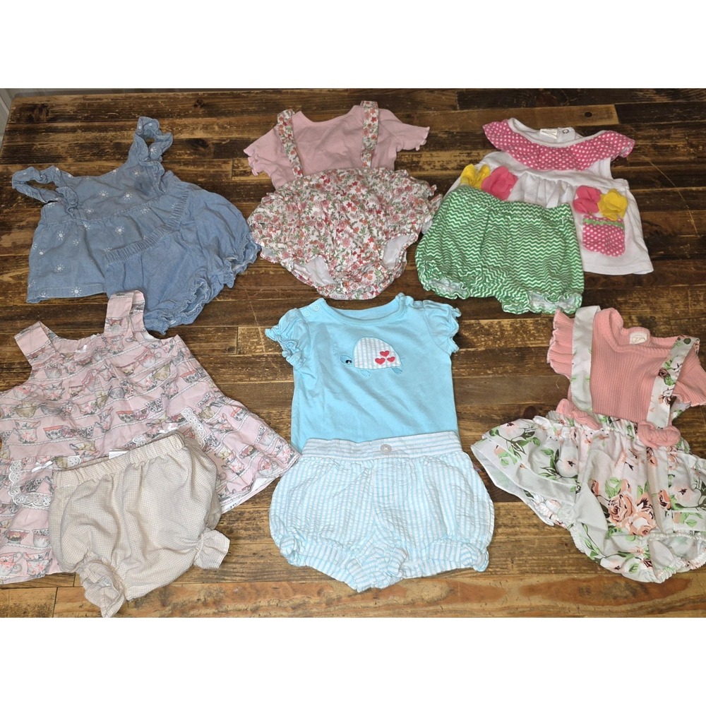 Baby Girl 6 Mo & 6-12mo 2 Piece Outfits Lot Of 6 Comfy Pastels Bundle